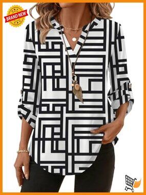3/4 Length Sleeve V-Neck T-Shirt with Side Buttons Business Casual Blouse
